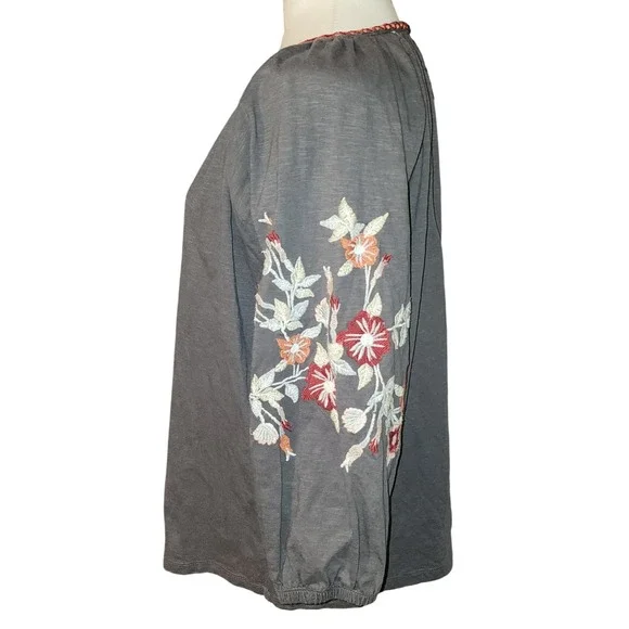 Cato Gray Floral Embroidered Long Sleeve Peasant Top Cotton V-Neck Blouse M - Picture 2 of 8